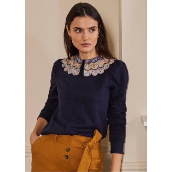 Boden Hattie Collar Sweatshirt In Navy Blue With Multicolored Floral Collar - Picture 1 of 12